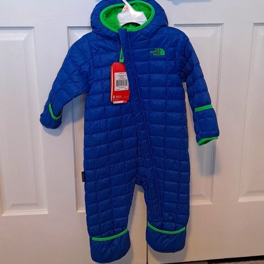 North Face baby snow suit bright blue with green lining size 12-18M NWT